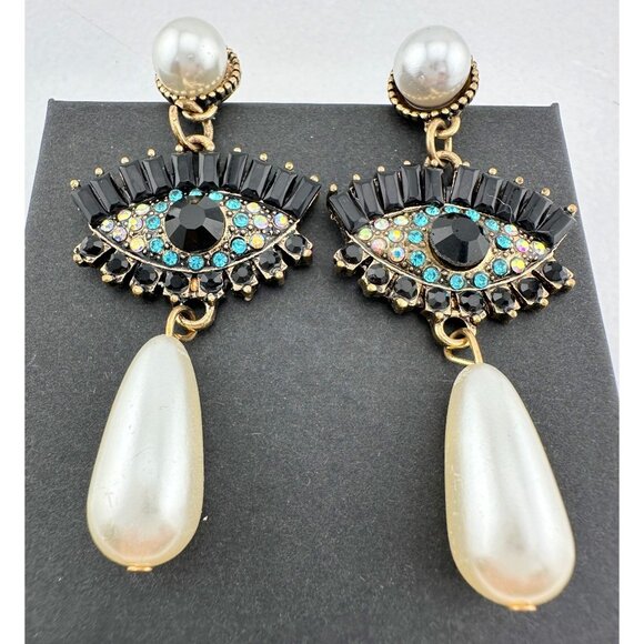 Evil Eye Rhinestone Pearl Drop Dangle Earrings - Picture 1 of 7